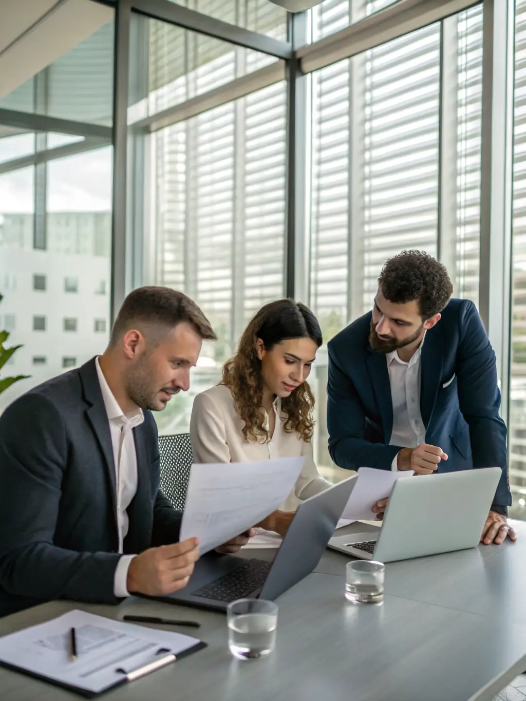 A team of professionals reviewing a detailed business plan on a digital tablet in a modern office in London, representing strategic planning and analysis in the UK.
