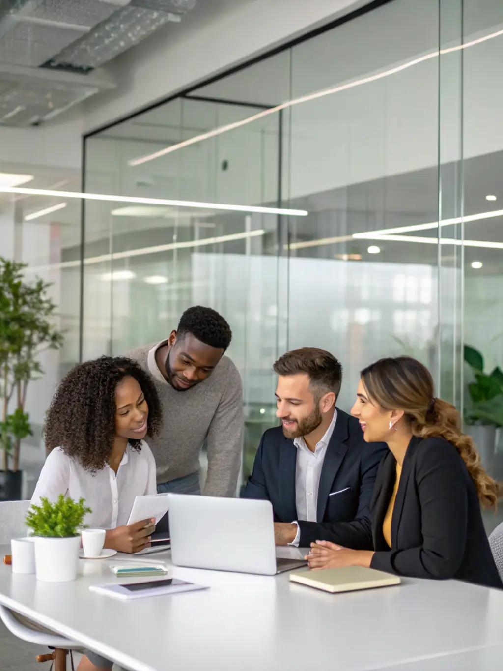 A diverse group of UK business professionals collaborating on a project in a co-working space, symbolizing teamwork and innovation.