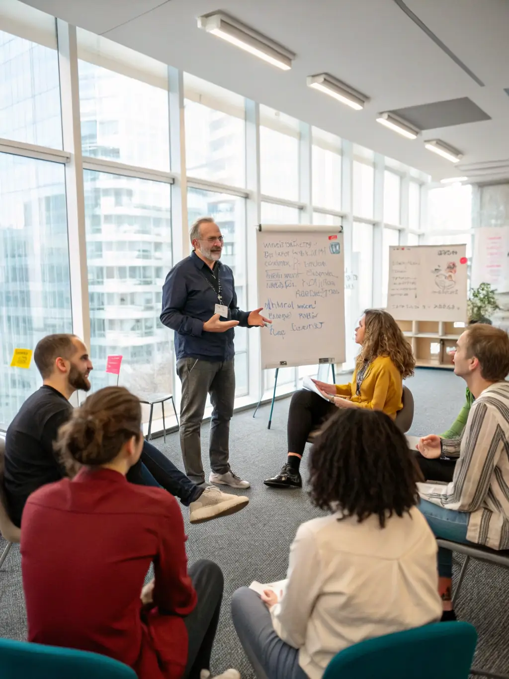 A business coach facilitating a leadership training session in a conference room in Manchester, focusing on developing leadership skills.