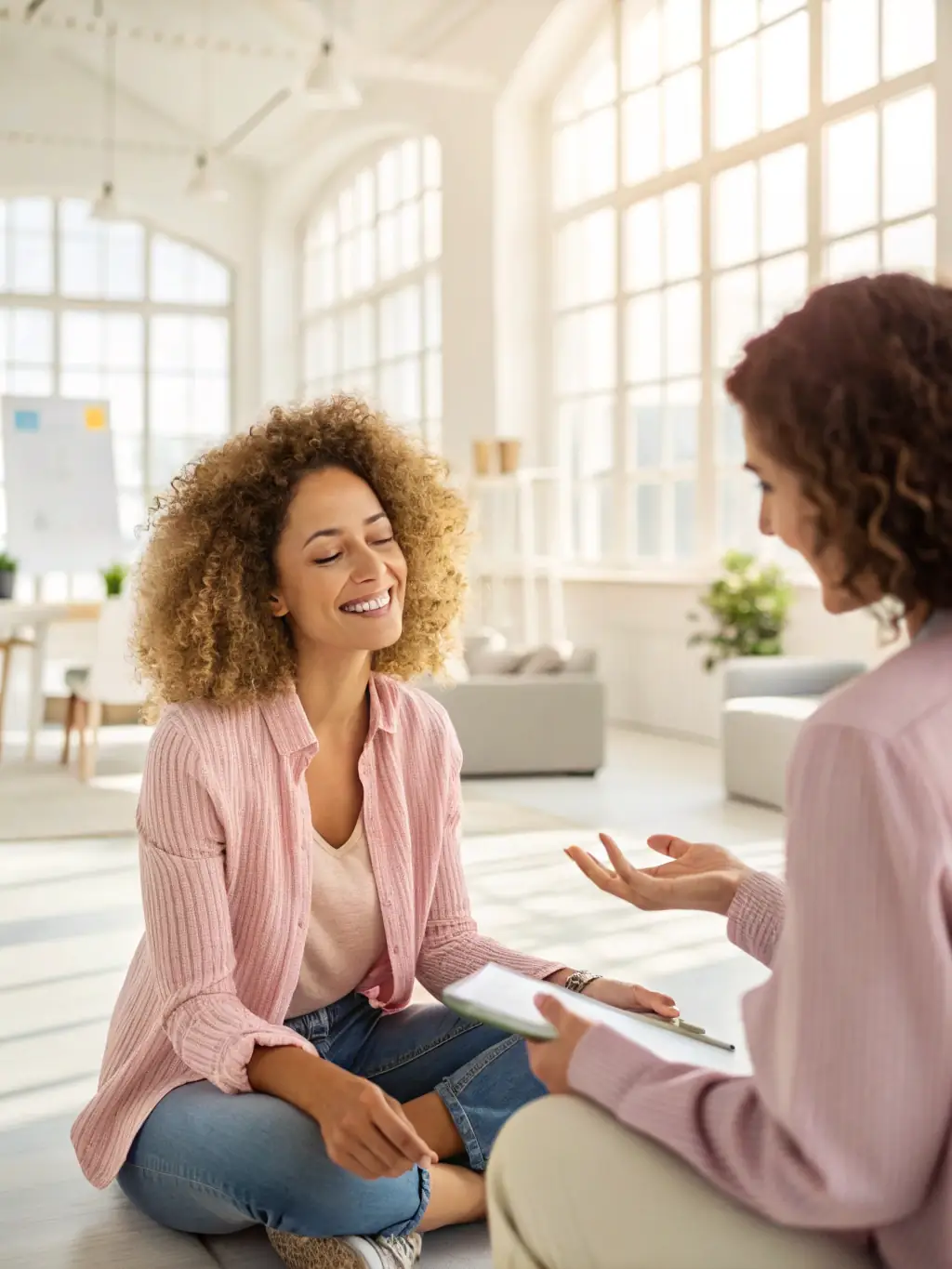 A professional business coach in a modern office setting, reviewing growth charts with a client, both smiling confidently, representing BizFlow UK's personalized coaching approach.