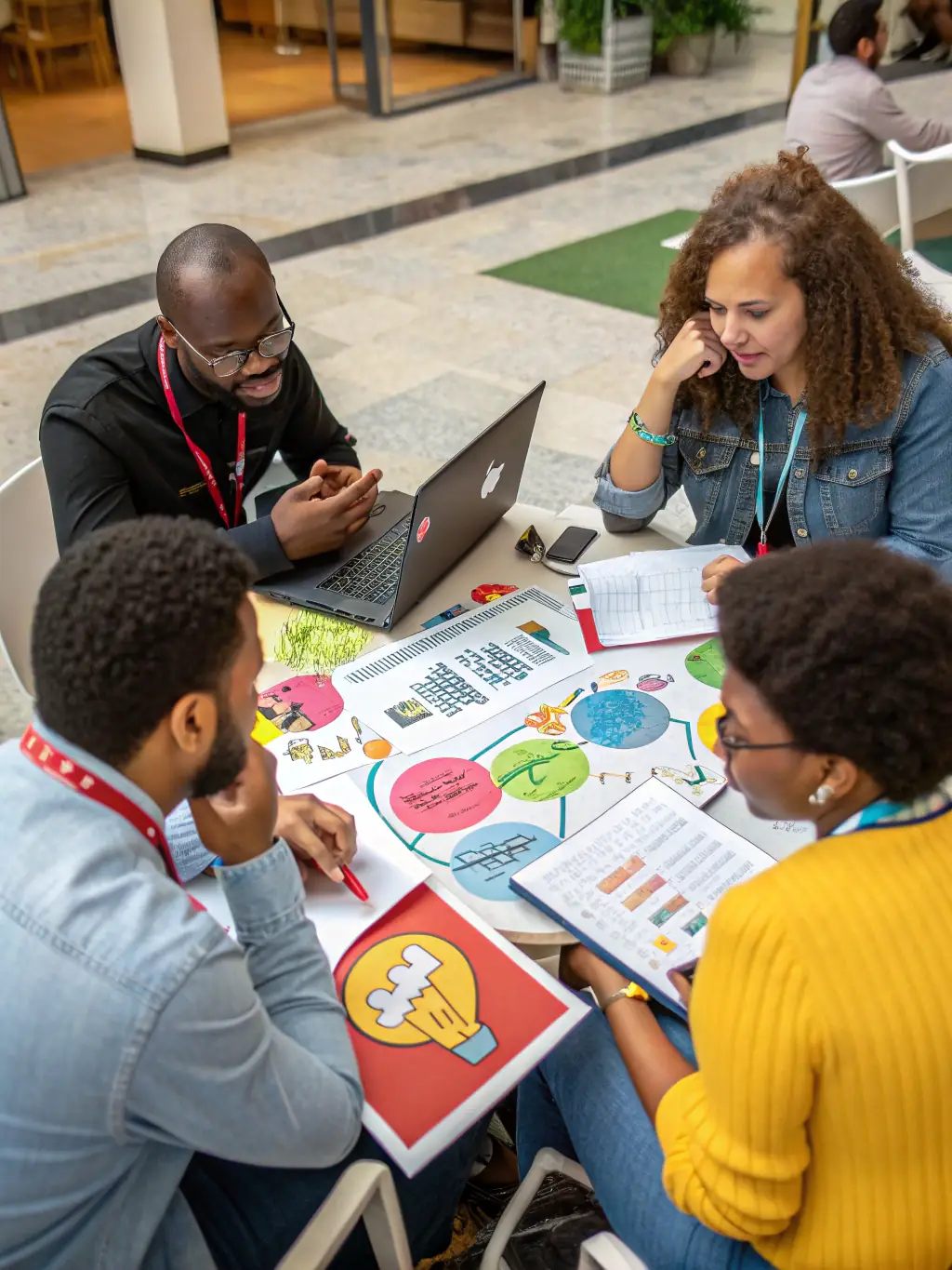 A diverse team of UK business professionals collaborating around a table, brainstorming ideas and strategies, symbolizing BizFlow UK's collaborative coaching style.